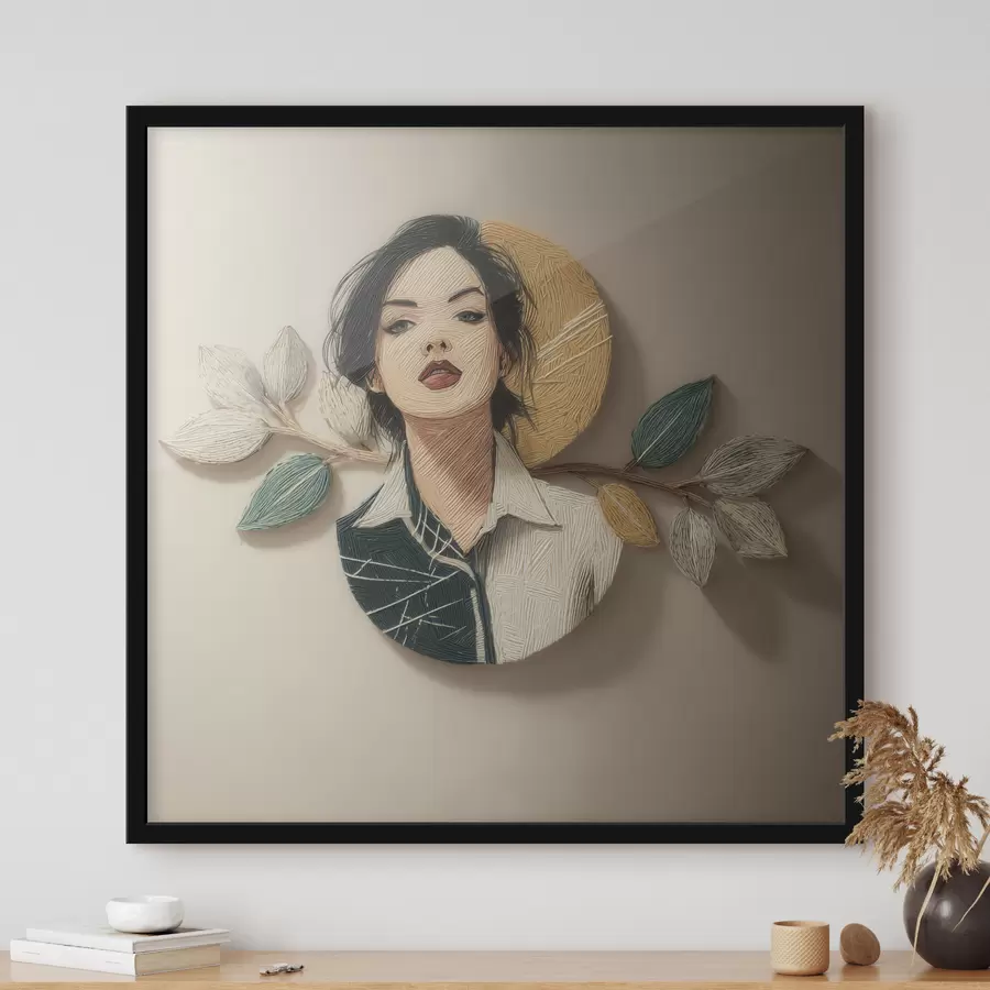 Fototapeta Kompozycja dekoracyjna przedstawiająca portret kobiety i liście w stylu graficznym f49710