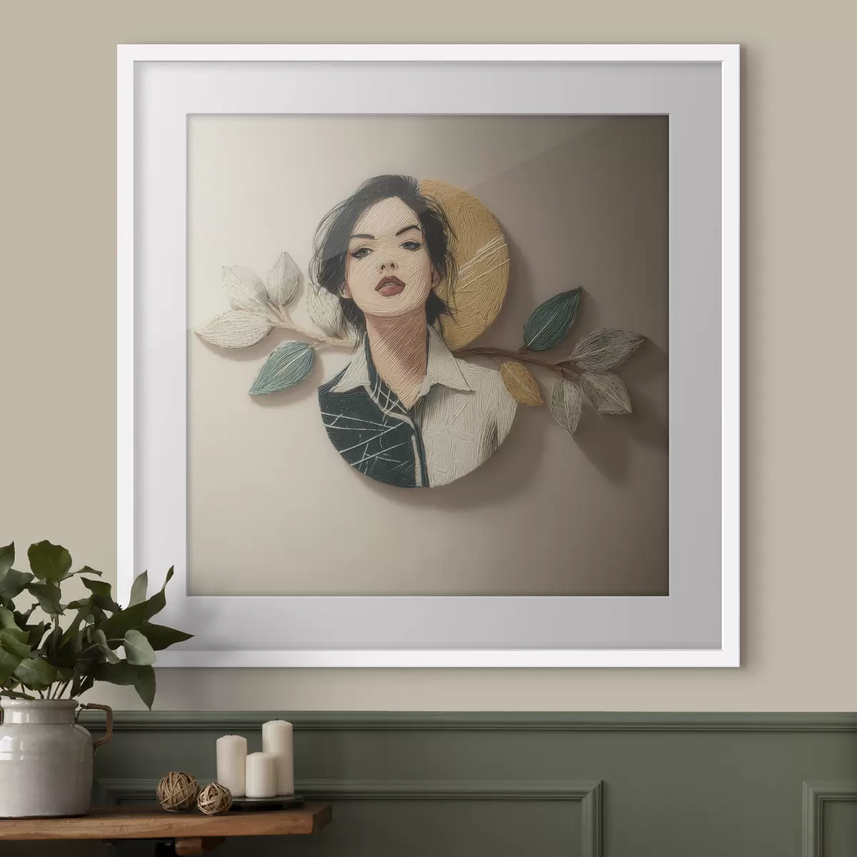 Plakat Kompozycja dekoracyjna przedstawiająca portret kobiety i liście w stylu graficznym f49710