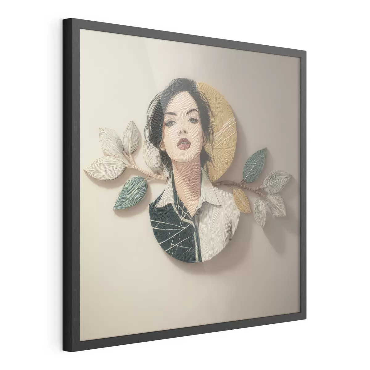 Plakat Kompozycja dekoracyjna przedstawiająca portret kobiety i liście w stylu graficznym f49710