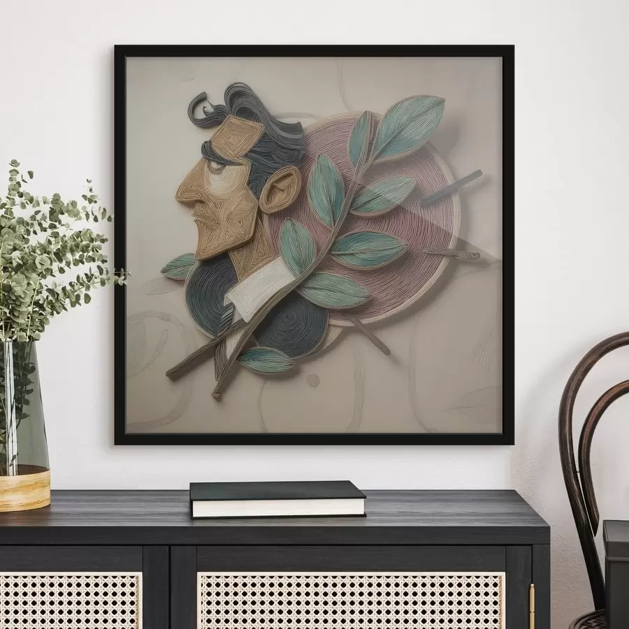 Fototapeta Abstrakcyjny portret mężczyzny z liściastą gałęzią, wykonany w stylu ilustracji o wyrazistej fakturze f49711