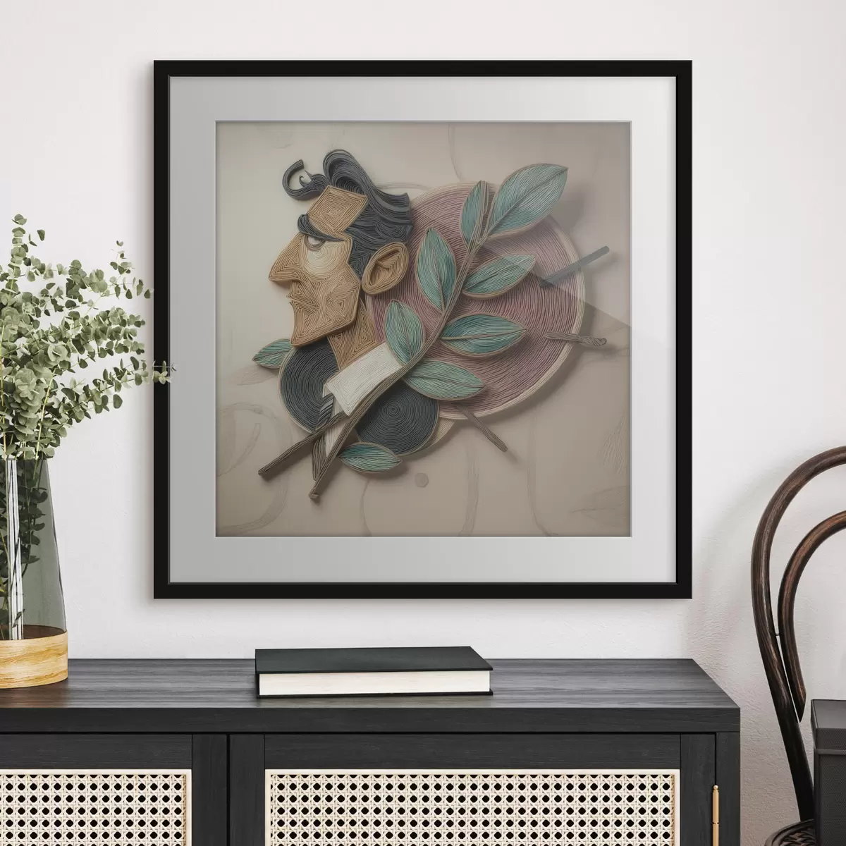Plakat Abstrakcyjny portret mężczyzny z liściastą gałęzią, wykonany w stylu ilustracji o wyrazistej fakturze f49711