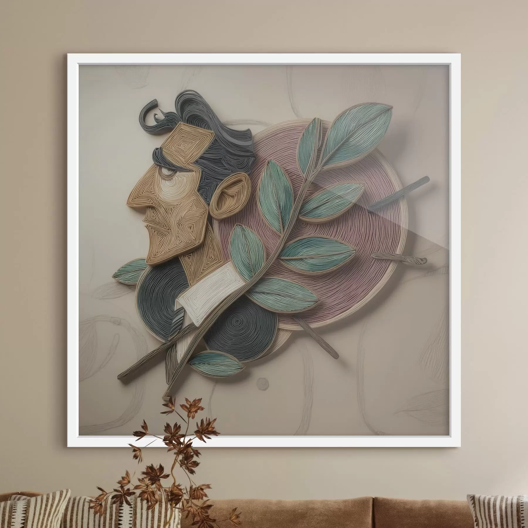 Fototapeta Abstrakcyjny portret mężczyzny z liściastą gałęzią, wykonany w stylu ilustracji o wyrazistej fakturze f49711
