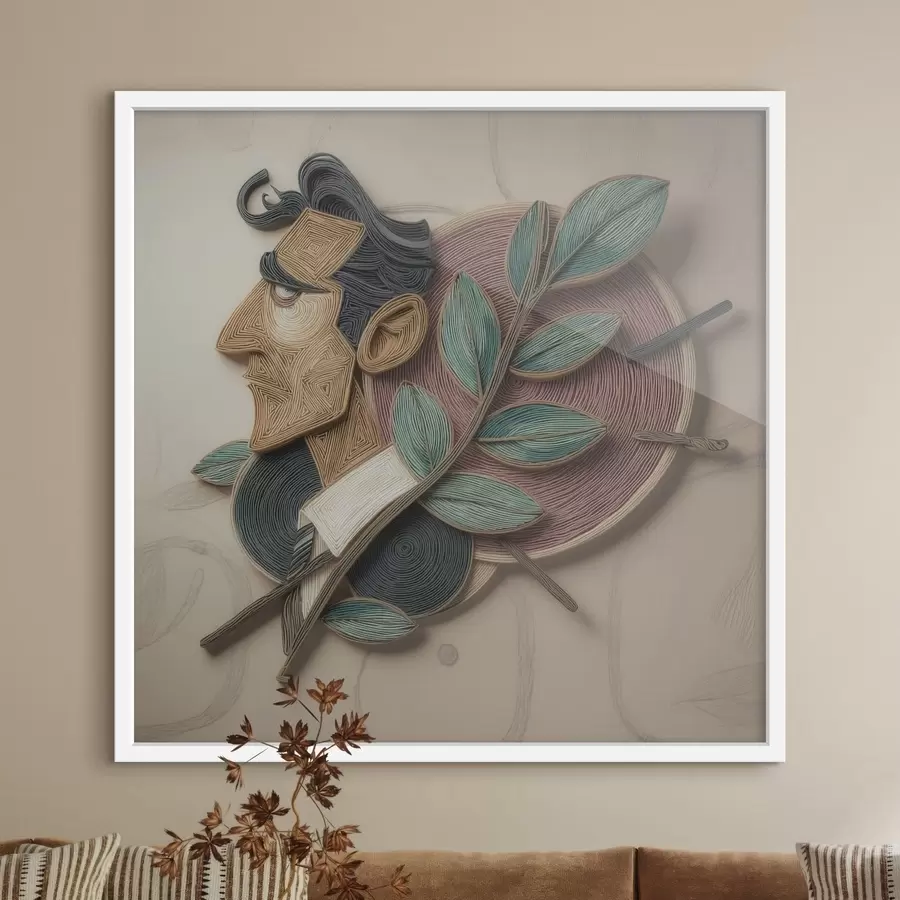 Fototapeta Abstrakcyjny portret mężczyzny z liściastą gałęzią, wykonany w stylu ilustracji o wyrazistej fakturze f49711