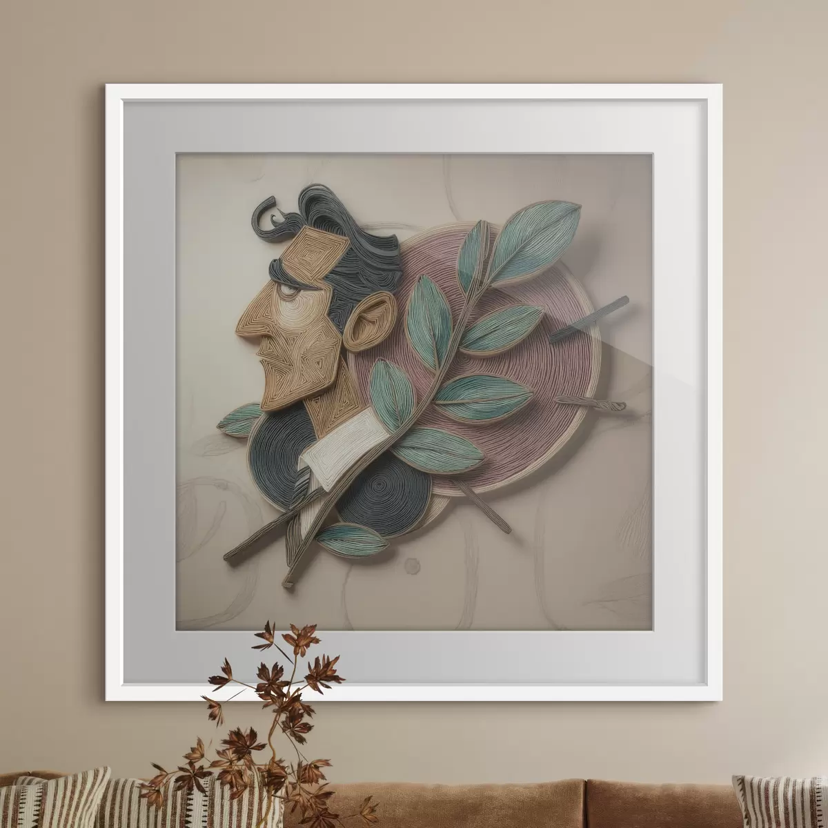 Plakat Abstrakcyjny portret mężczyzny z liściastą gałęzią, wykonany w stylu ilustracji o wyrazistej fakturze f49711