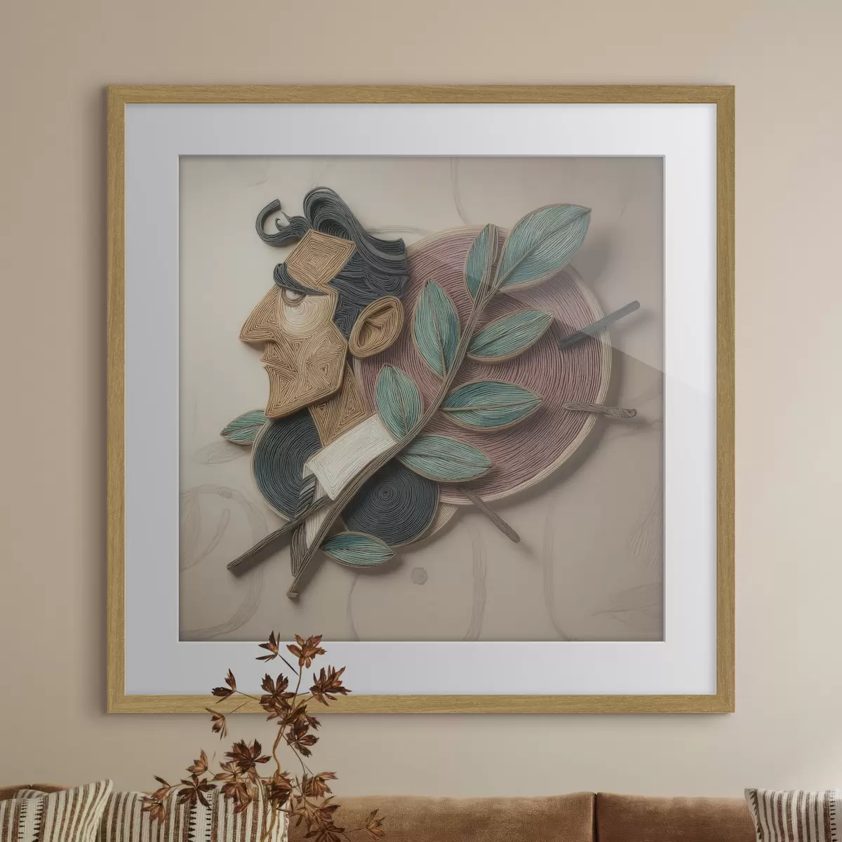 Plakat Abstrakcyjny portret mężczyzny z liściastą gałęzią, wykonany w stylu ilustracji o wyrazistej fakturze f49711