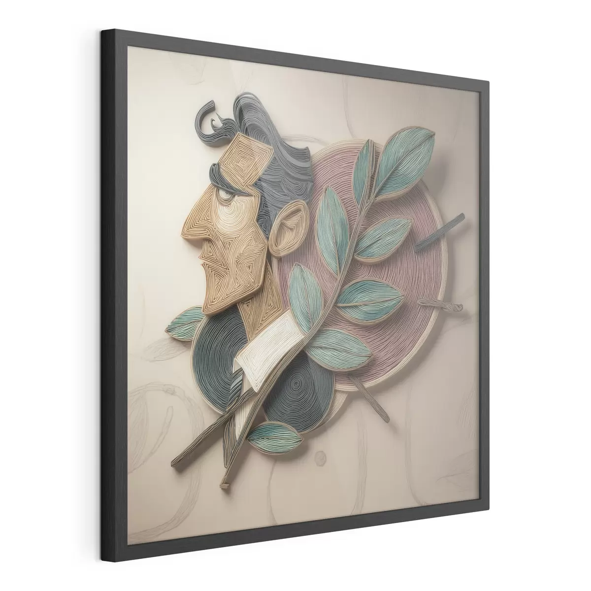 Plakat Abstrakcyjny portret mężczyzny z liściastą gałęzią, wykonany w stylu ilustracji o wyrazistej fakturze f49711