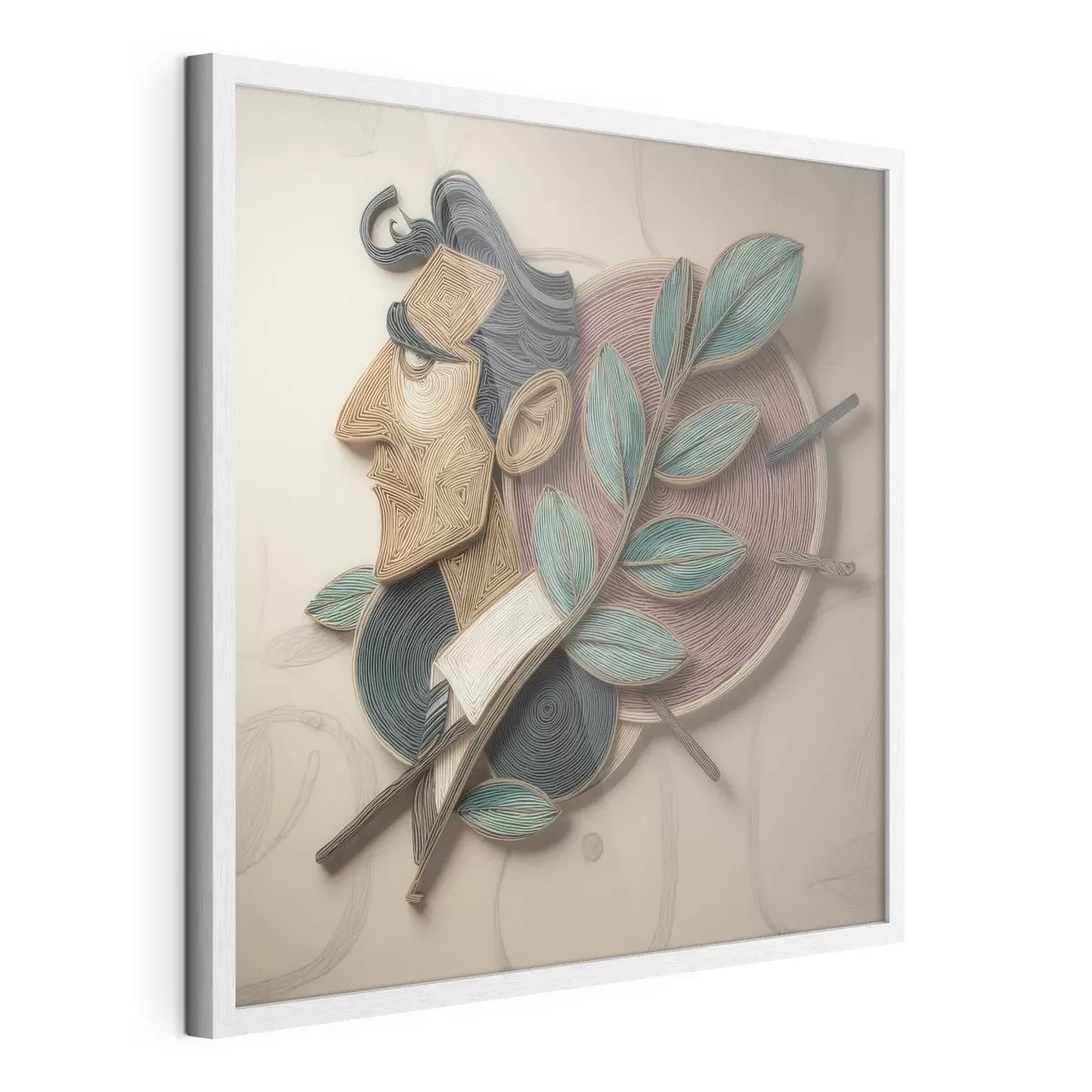Plakat Abstrakcyjny portret mężczyzny z liściastą gałęzią, wykonany w stylu ilustracji o wyrazistej fakturze f49711