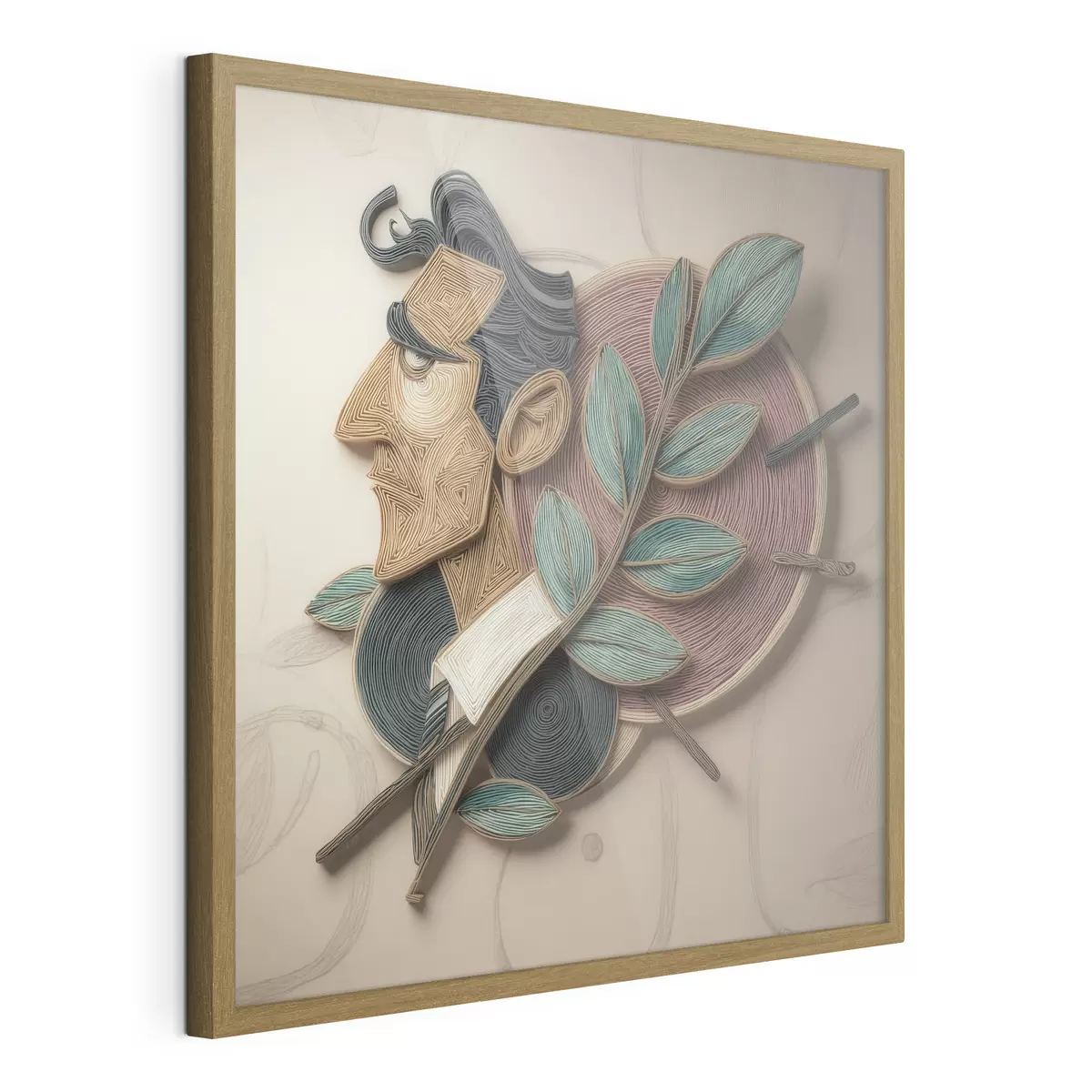 Plakat Abstrakcyjny portret mężczyzny z liściastą gałęzią, wykonany w stylu ilustracji o wyrazistej fakturze f49711