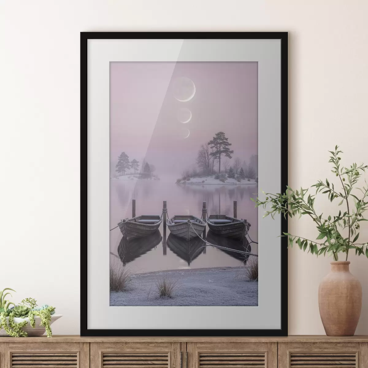 Plakat Pejzaż z jeziorem, łodziami i fazami księżyca w stylu malarstwa pastelowego f49724