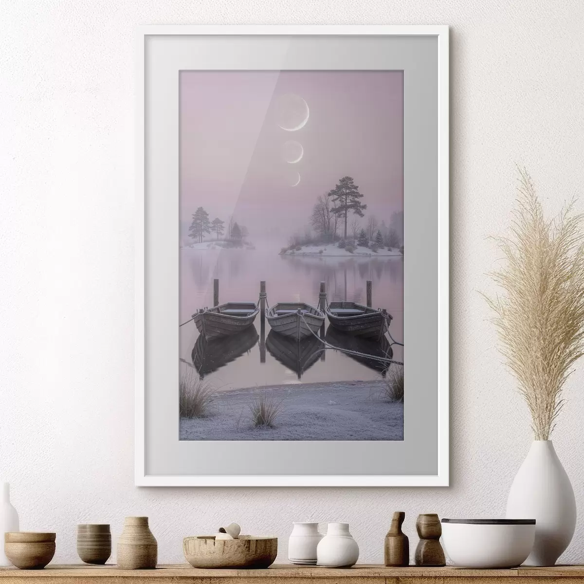 Plakat Pejzaż z jeziorem, łodziami i fazami księżyca w stylu malarstwa pastelowego f49724