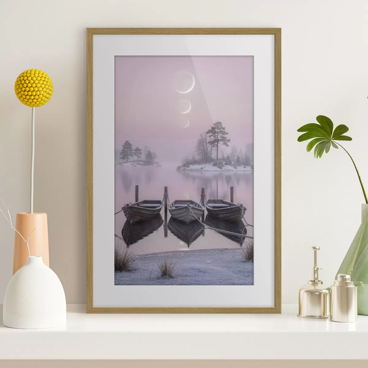 Plakat Pejzaż z jeziorem, łodziami i fazami księżyca w stylu malarstwa pastelowego f49724