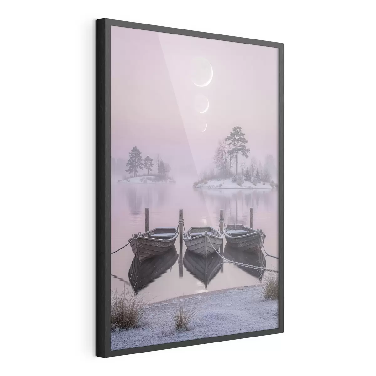 Plakat Pejzaż z jeziorem, łodziami i fazami księżyca w stylu malarstwa pastelowego f49724