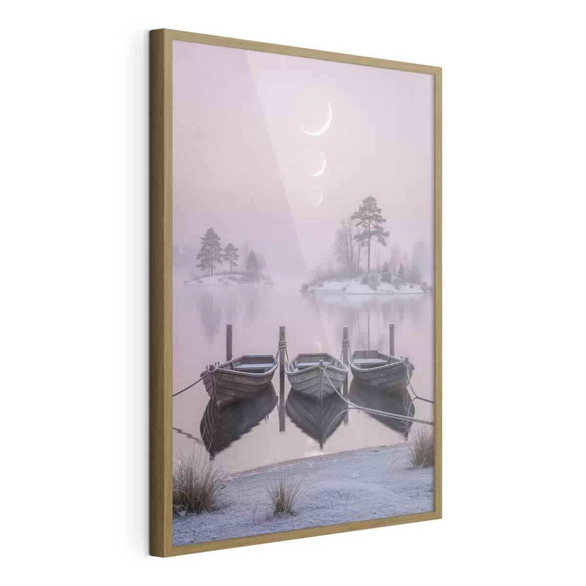 Plakat Pejzaż z jeziorem, łodziami i fazami księżyca w stylu malarstwa pastelowego f49724