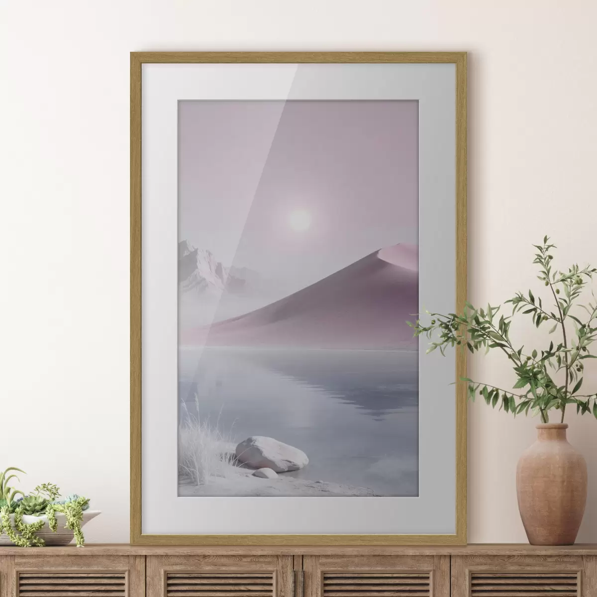 Plakat Górskie jezioro w pobliżu piaszczystego wzgórza w pastelowych barwach f49725
