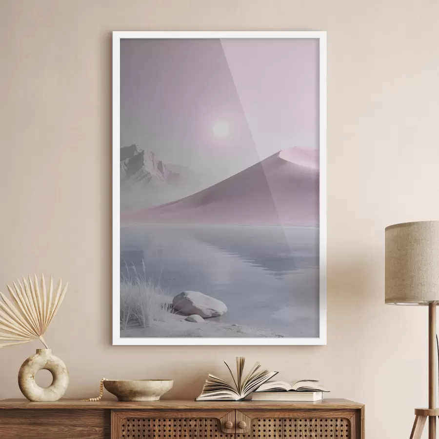 Fototapeta Górskie jezioro w pobliżu piaszczystego wzgórza w pastelowych barwach f49725