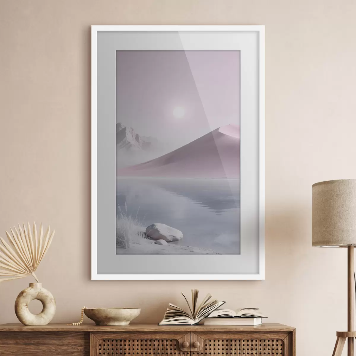 Plakat Górskie jezioro w pobliżu piaszczystego wzgórza w pastelowych barwach f49725
