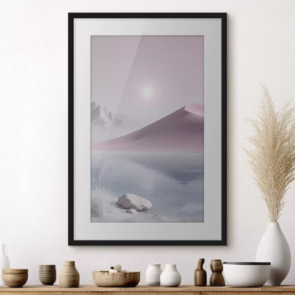 Plakat Górskie jezioro w pobliżu piaszczystego wzgórza w pastelowych barwach f49725
