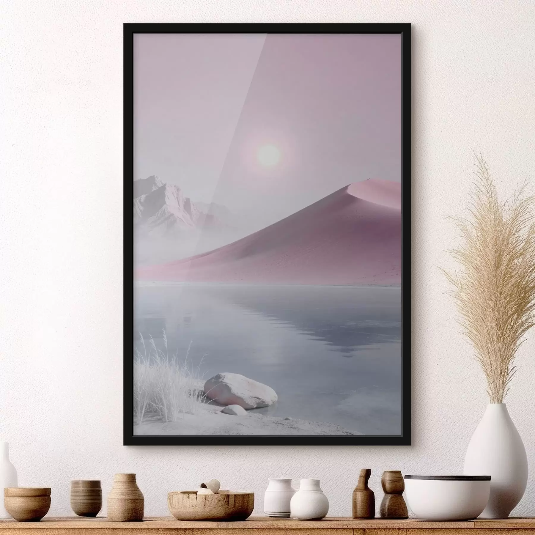 Fototapeta Górskie jezioro w pobliżu piaszczystego wzgórza w pastelowych barwach f49725