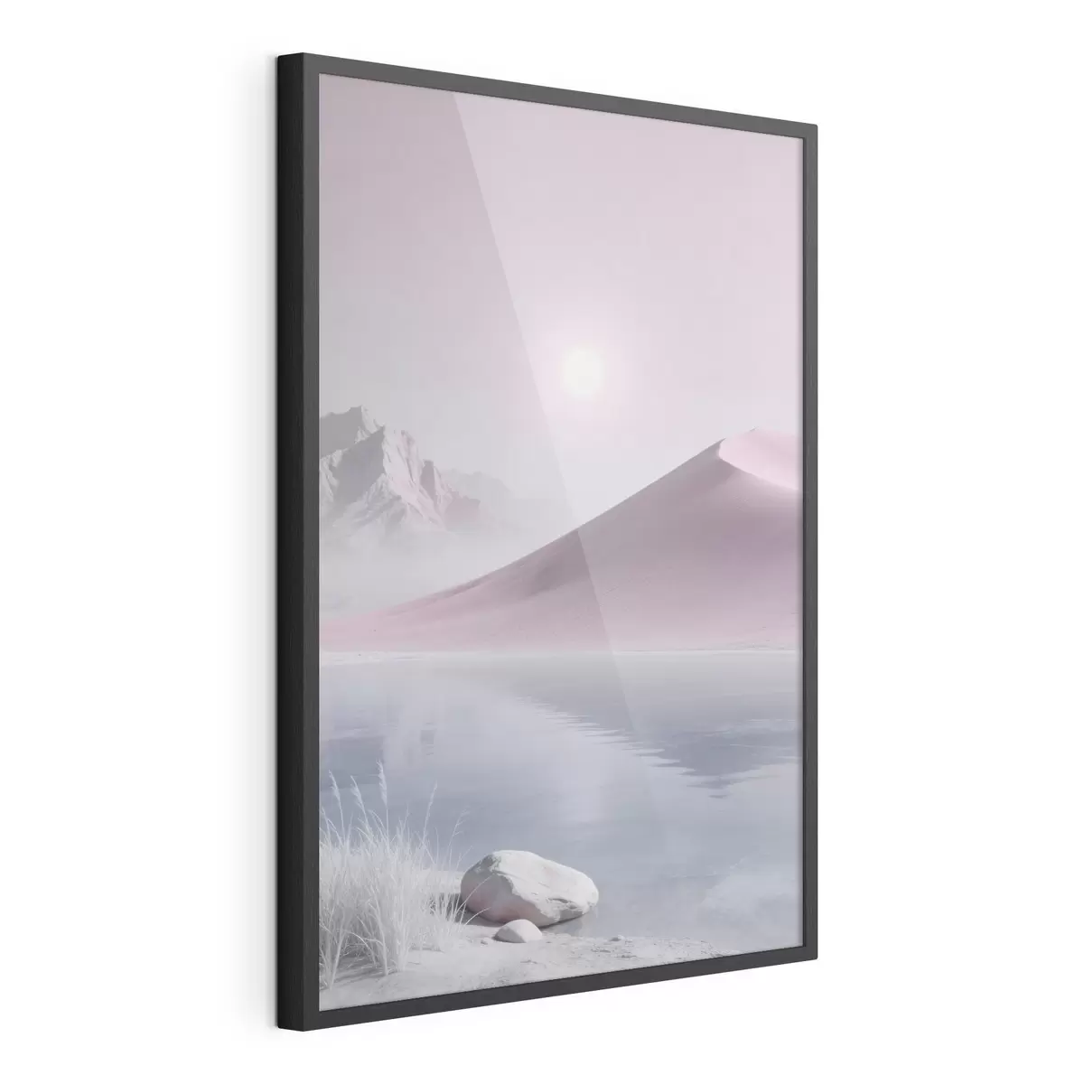 Plakat Górskie jezioro w pobliżu piaszczystego wzgórza w pastelowych barwach f49725