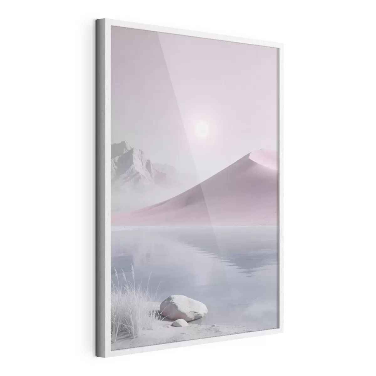 Plakat Górskie jezioro w pobliżu piaszczystego wzgórza w pastelowych barwach f49725