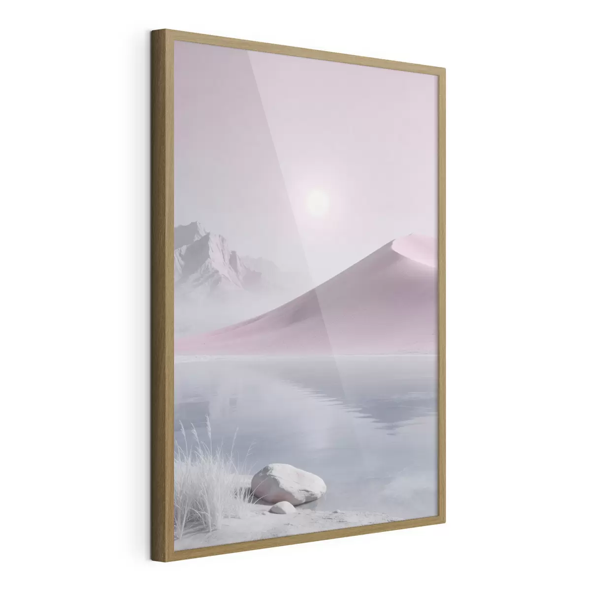 Plakat Górskie jezioro w pobliżu piaszczystego wzgórza w pastelowych barwach f49725