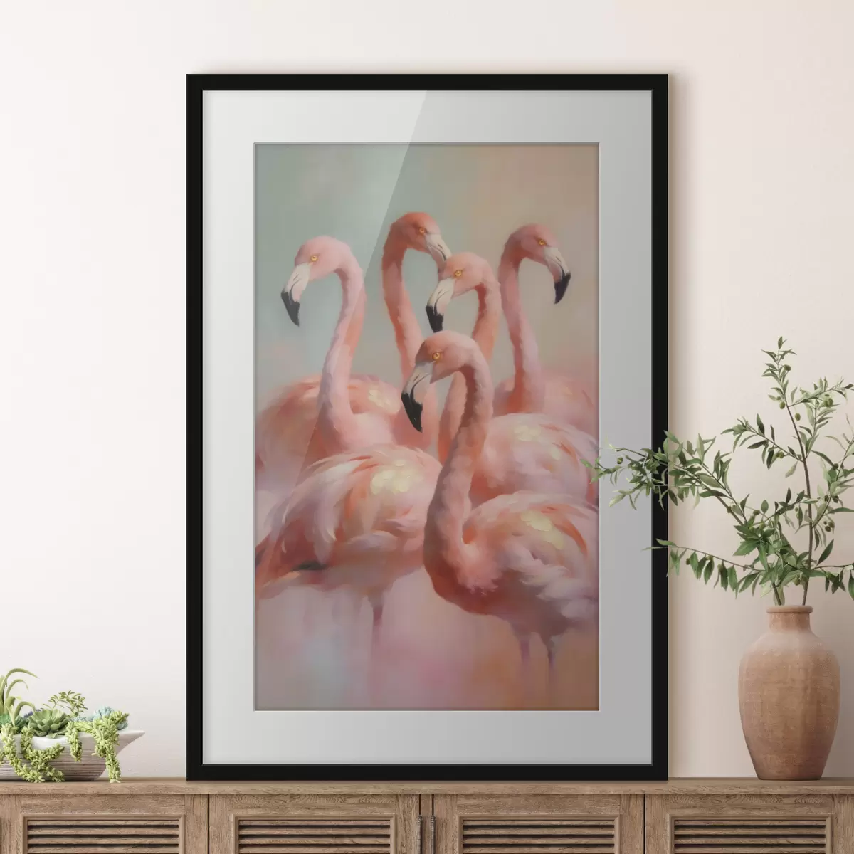Plakat Różowe flamingi w delikatnych pastelowych barwach w stylu malarstwa olejnego f49726