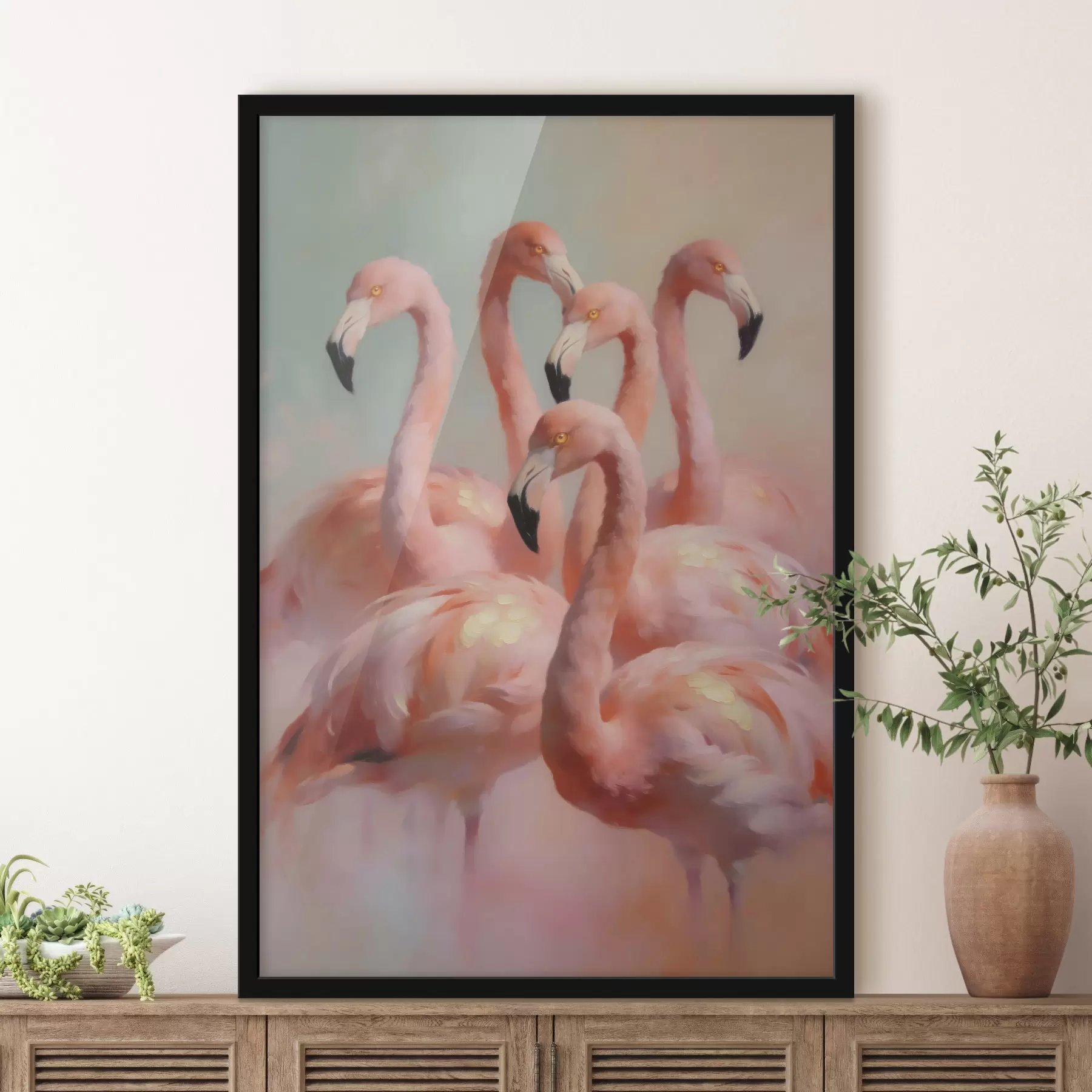 Fototapeta Różowe flamingi w delikatnych pastelowych barwach w stylu malarstwa olejnego f49726