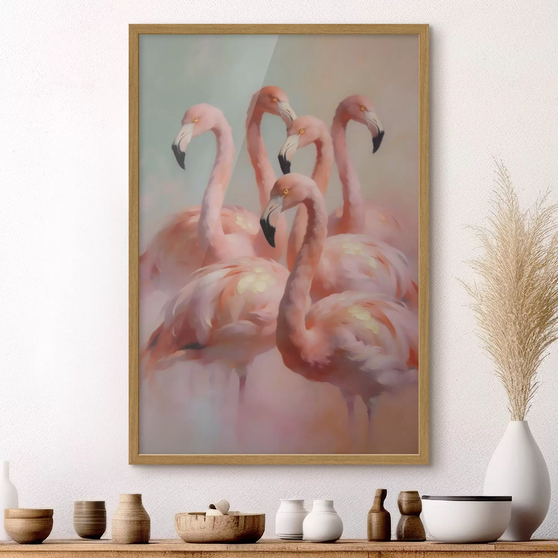 Fototapeta Różowe flamingi w delikatnych pastelowych barwach w stylu malarstwa olejnego f49726