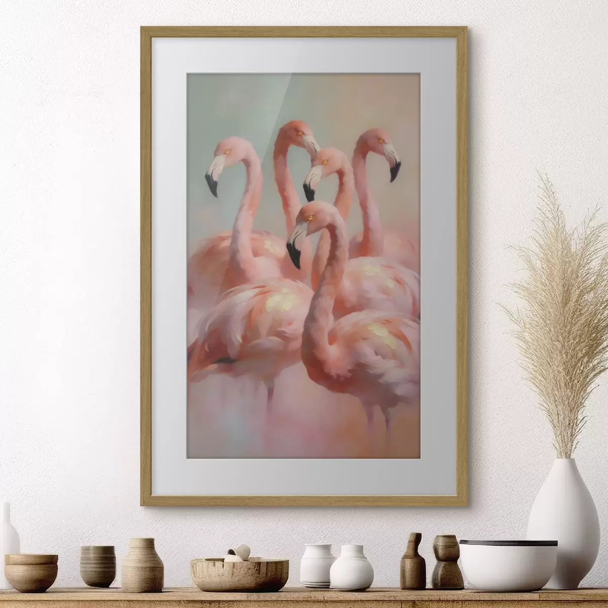 Plakat Różowe flamingi w delikatnych pastelowych barwach w stylu malarstwa olejnego f49726