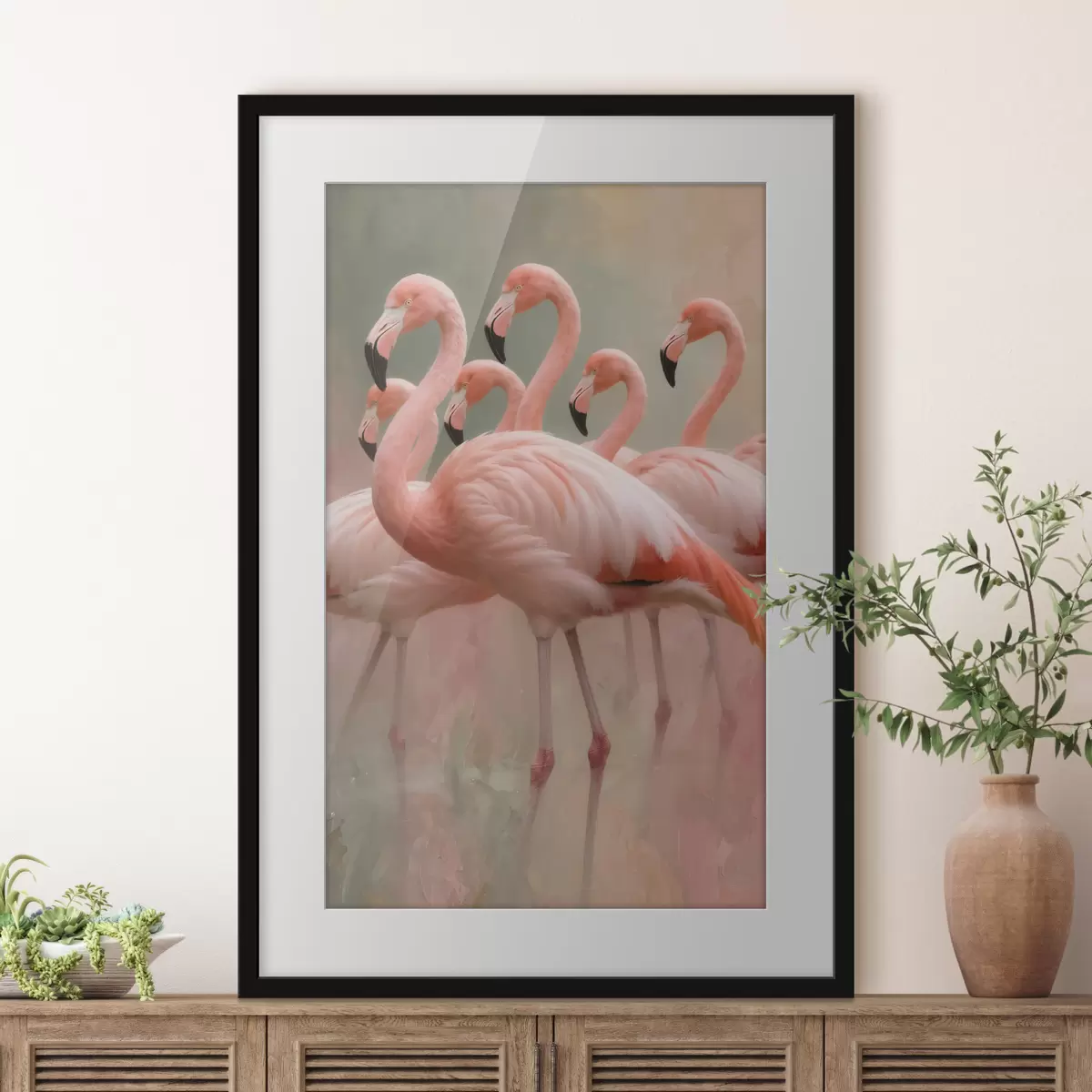 Plakat Ozdobny portret stada flamingów w stylu malarstwa współczesnego f49727