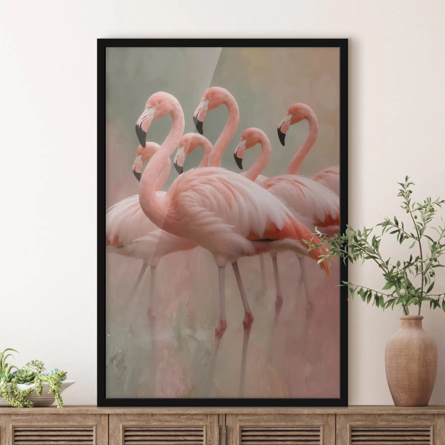 Fototapeta Ozdobny portret stada flamingów w stylu malarstwa współczesnego f49727