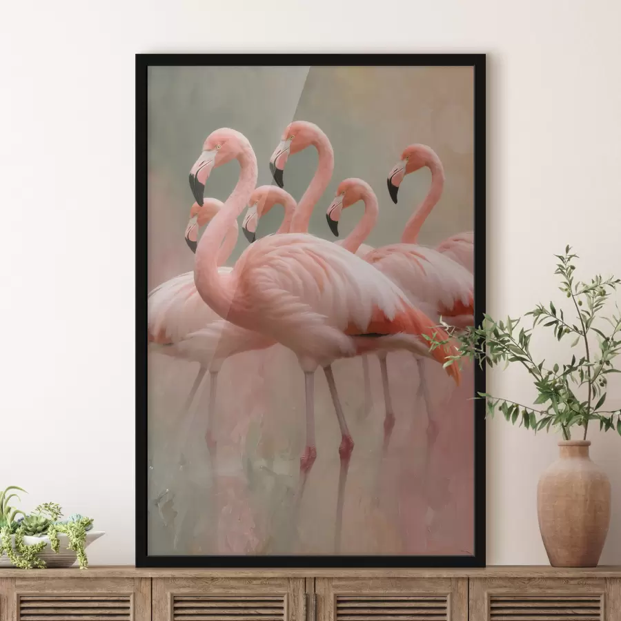 Fototapeta Ozdobny portret stada flamingów w stylu malarstwa współczesnego f49727