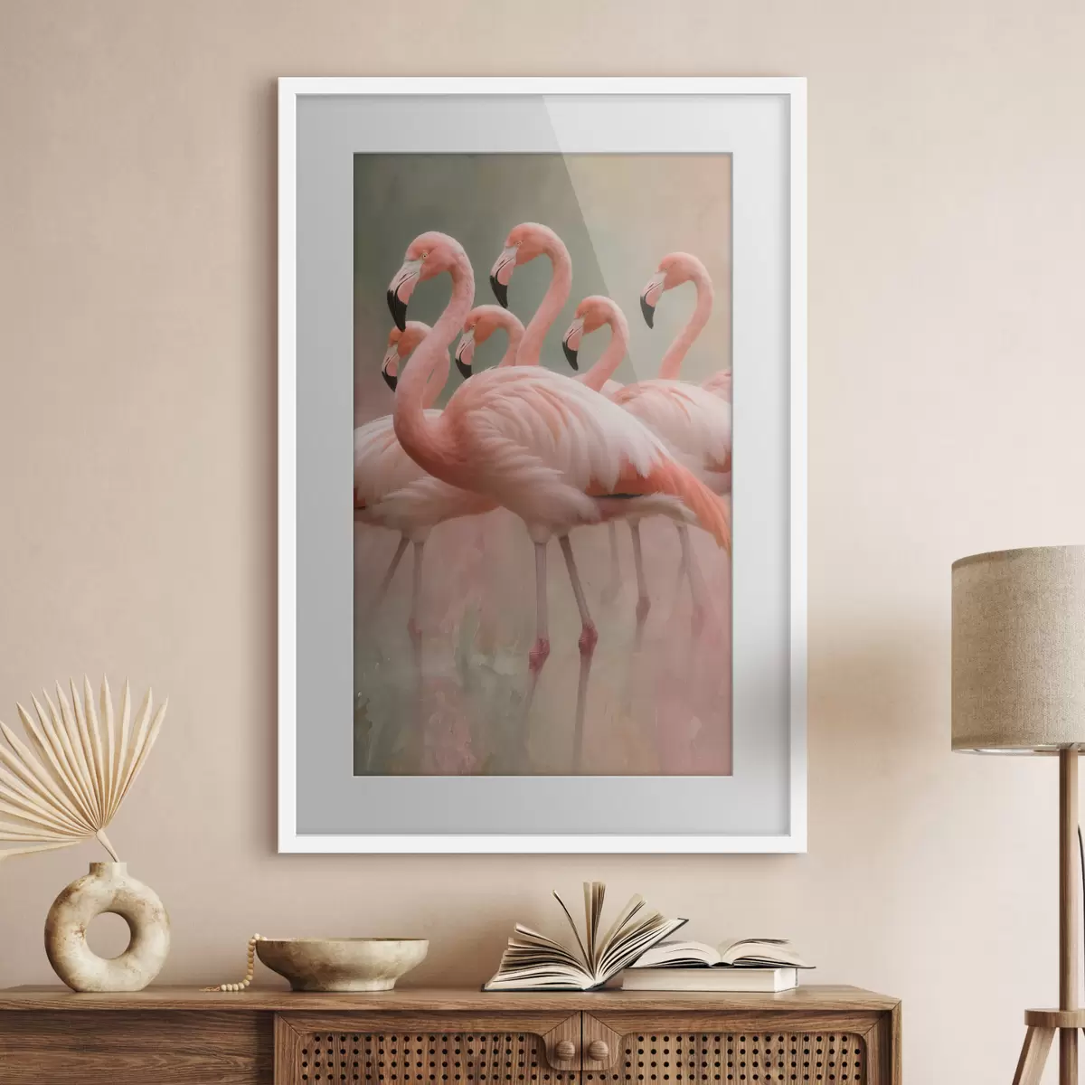 Plakat Ozdobny portret stada flamingów w stylu malarstwa współczesnego f49727