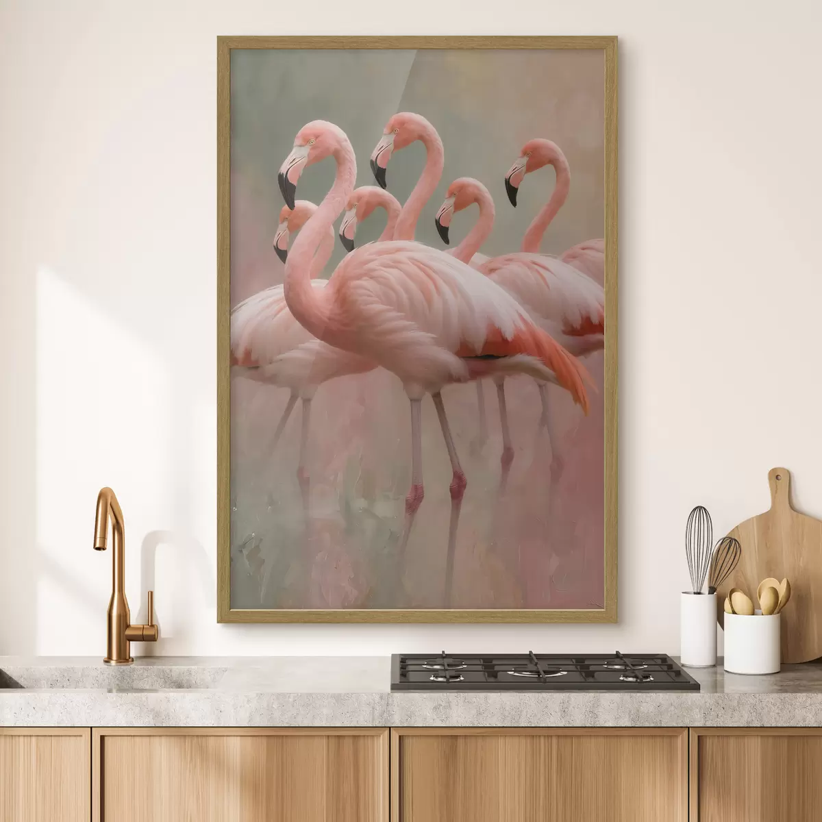 Plakat Ozdobny portret stada flamingów w stylu malarstwa współczesnego f49727