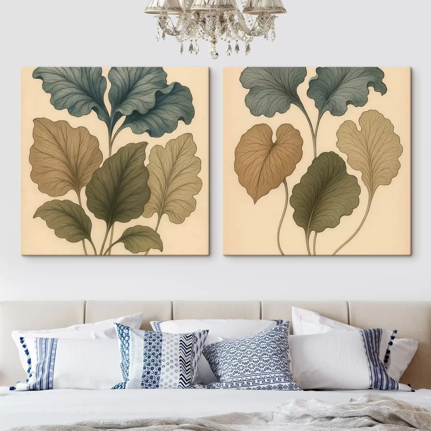 Obraz Dyptyk botaniczny z teksturowanymi liśćmi w stonowanych odcieniach, utrzymany w stylu ilustracji retro m30654
