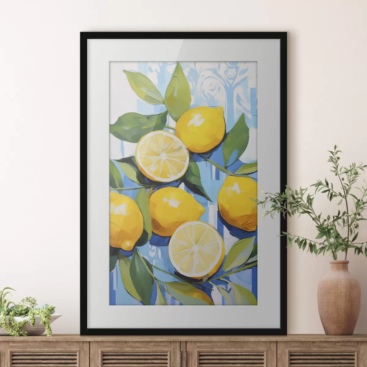 Plakat Cytryny wśród liści, imitacja obrazu f50065