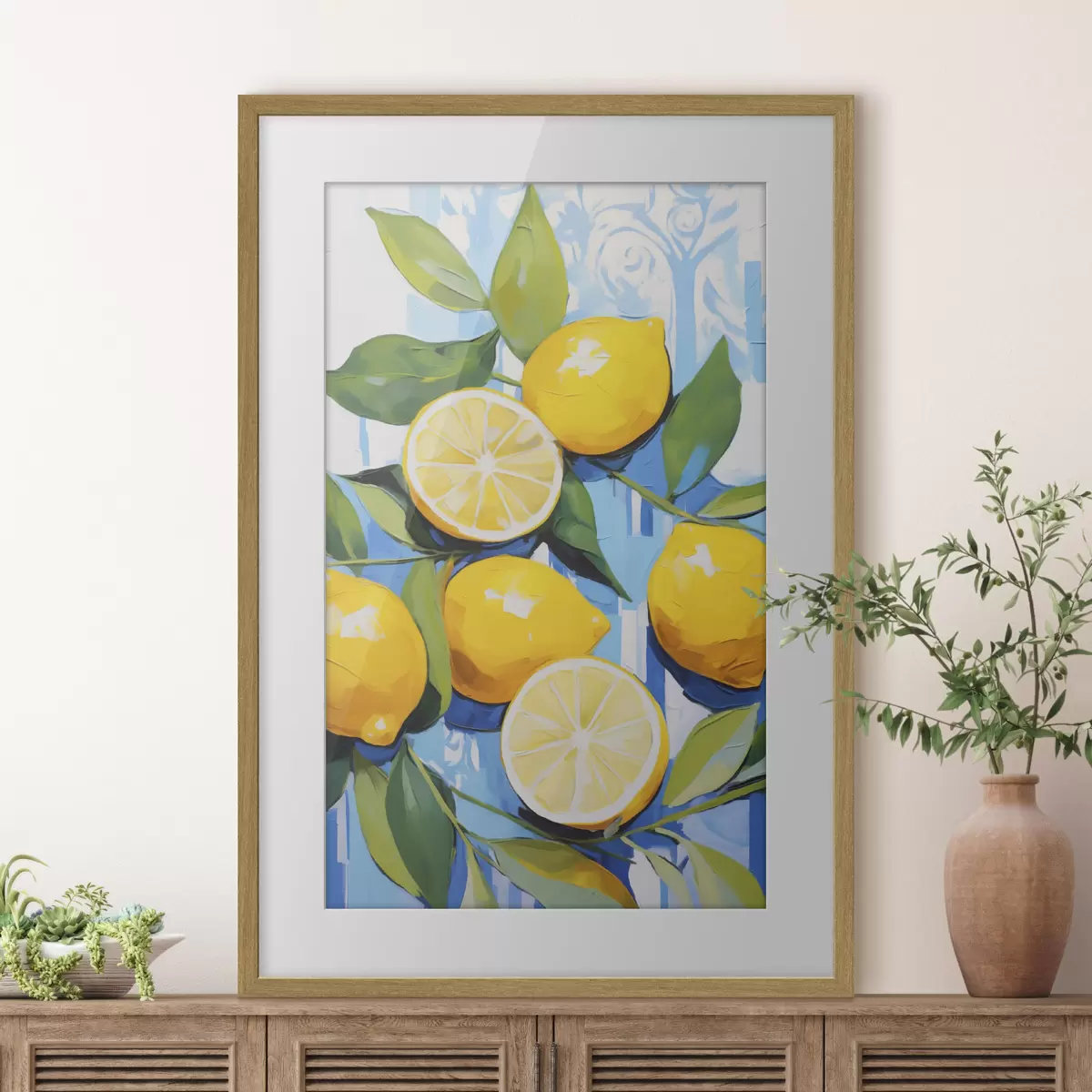 Plakat Cytryny wśród liści, imitacja obrazu f50065