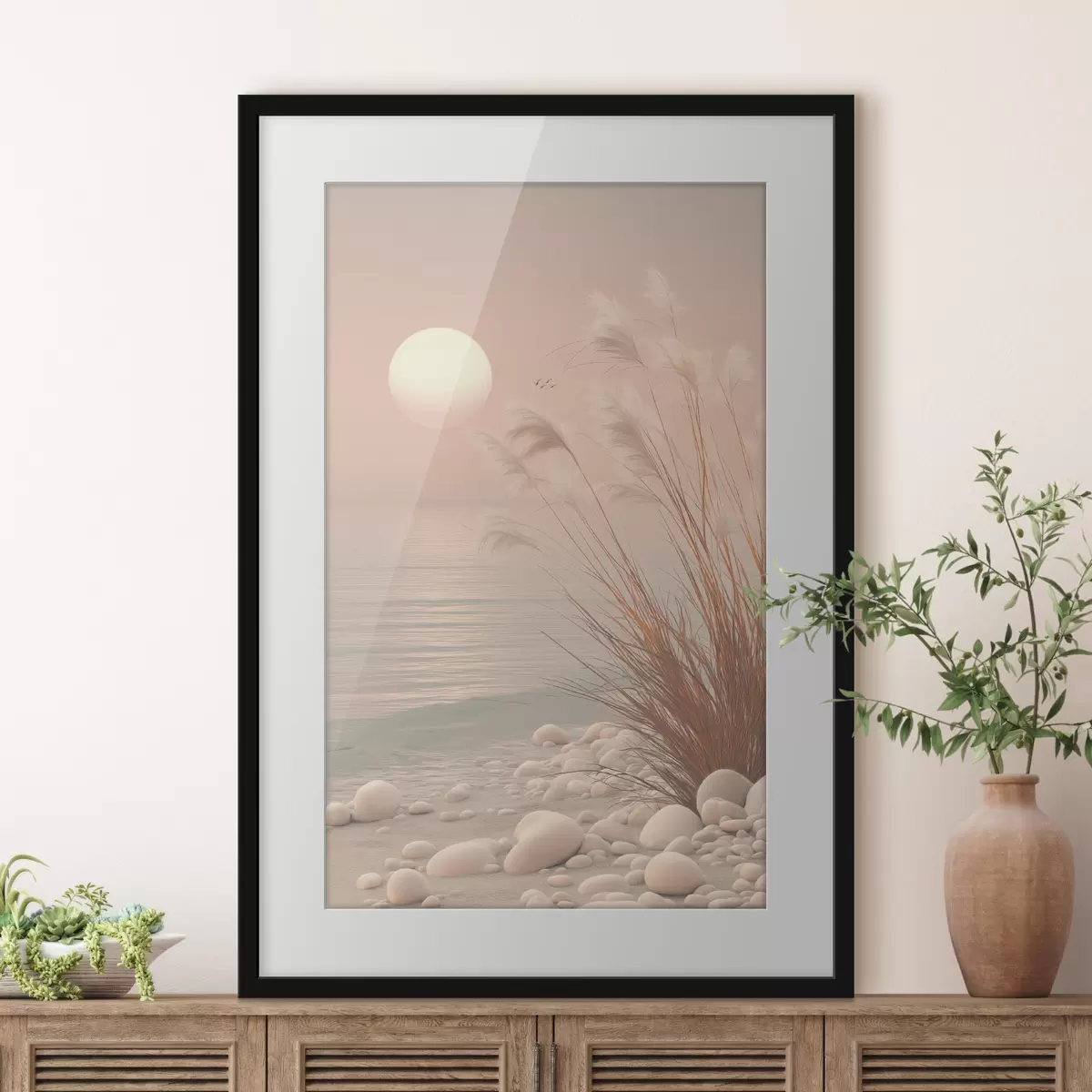 Plakat Spokojny brzeg z trawami o świcie f49949