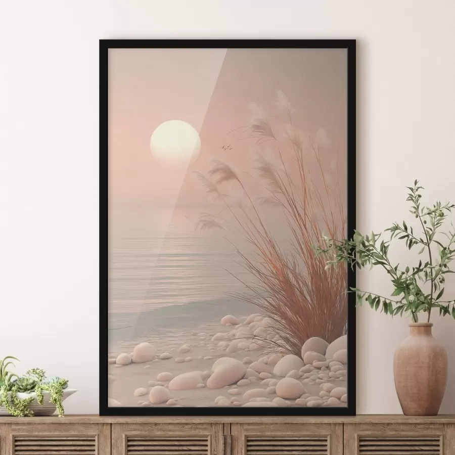 Fototapeta Spokojny brzeg z trawami o świcie f49949
