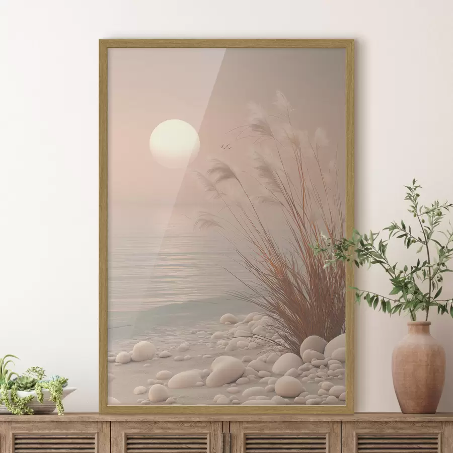 Fototapeta Spokojny brzeg z trawami o świcie f49949
