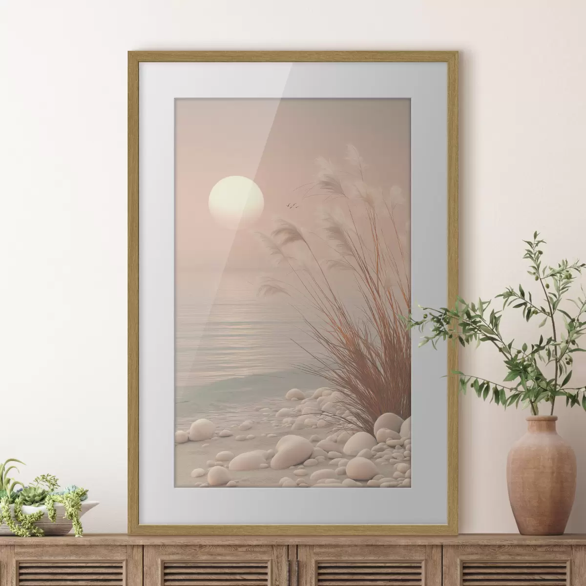 Plakat Spokojny brzeg z trawami o świcie f49949