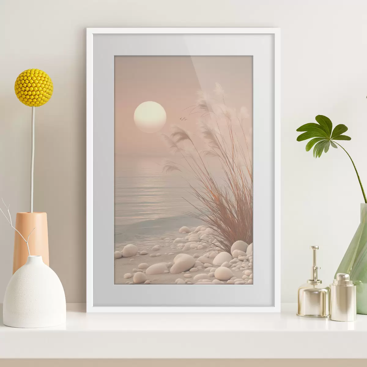 Plakat Spokojny brzeg z trawami o świcie f49949