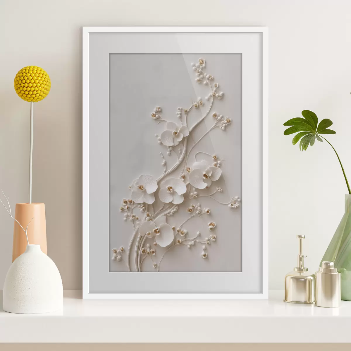 Plakat Delikatne białe orchidee na eleganckich gałęziach f49959