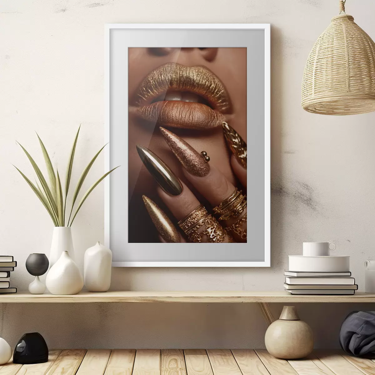 Plakat Zbliżenie na usta i manicure z metalicznym połyskiem f49976