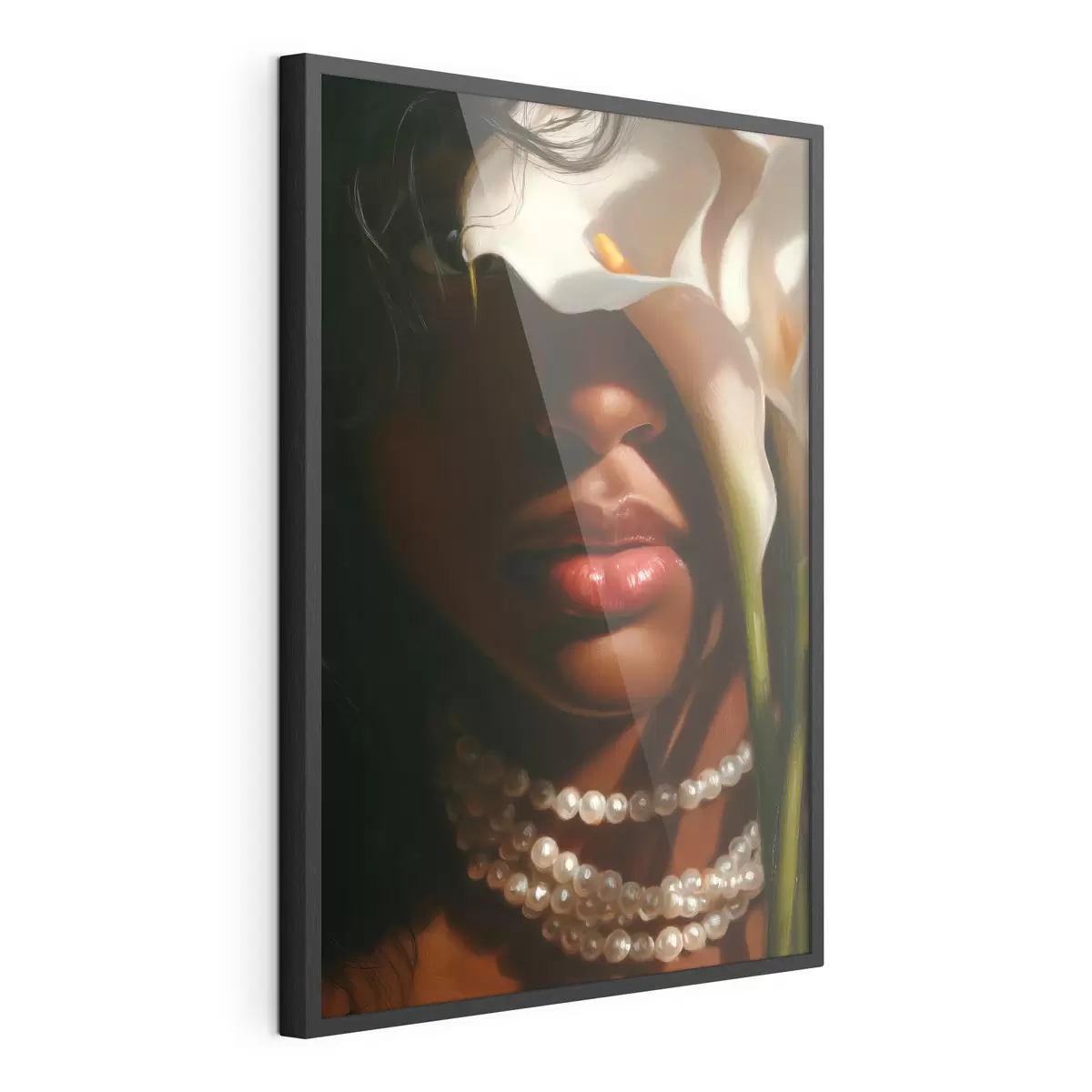 Plakat Portret z białymi kwiatami i naszyjnikiem z pereł f49978