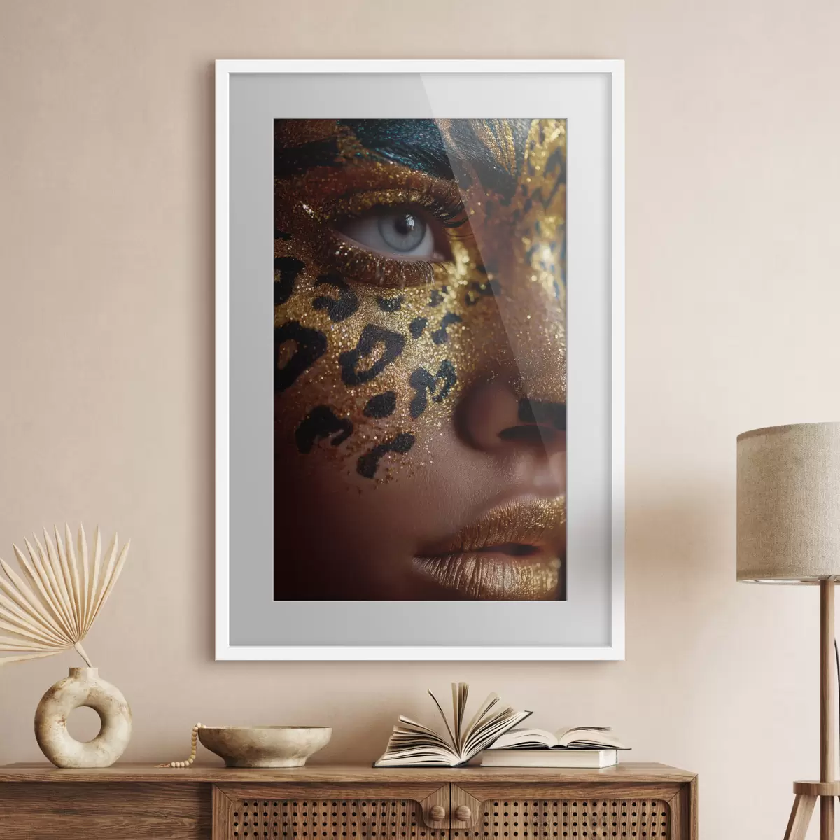 Plakat Portret z bliska z makijażem w błyszczącym stylu „animal print” f49979