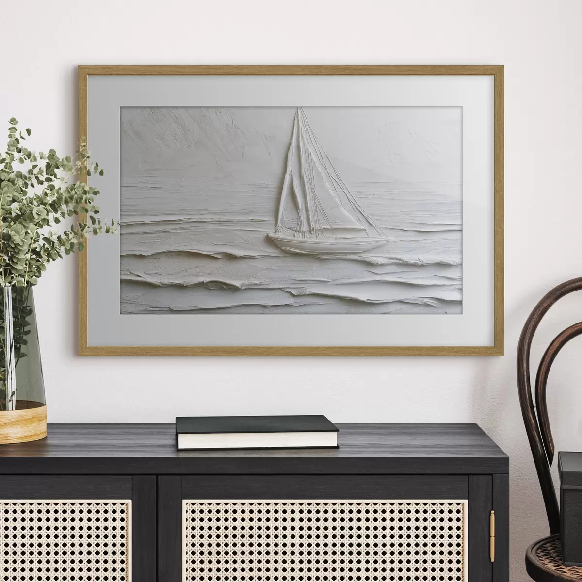 Plakat Minimalistyczna łódź żaglowa na morzu z efektem reliefowym f49984