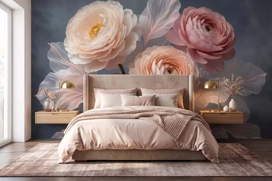 Fototapeta Bukiet piwonii i jaskierów w odcieniach brzoskwiniowym i różowym na ciemnym tle w09926