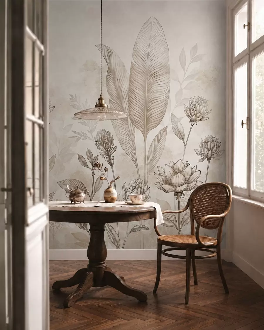 Fototapeta Kompozycja botaniczna z kwiatami i liśćmi w05802