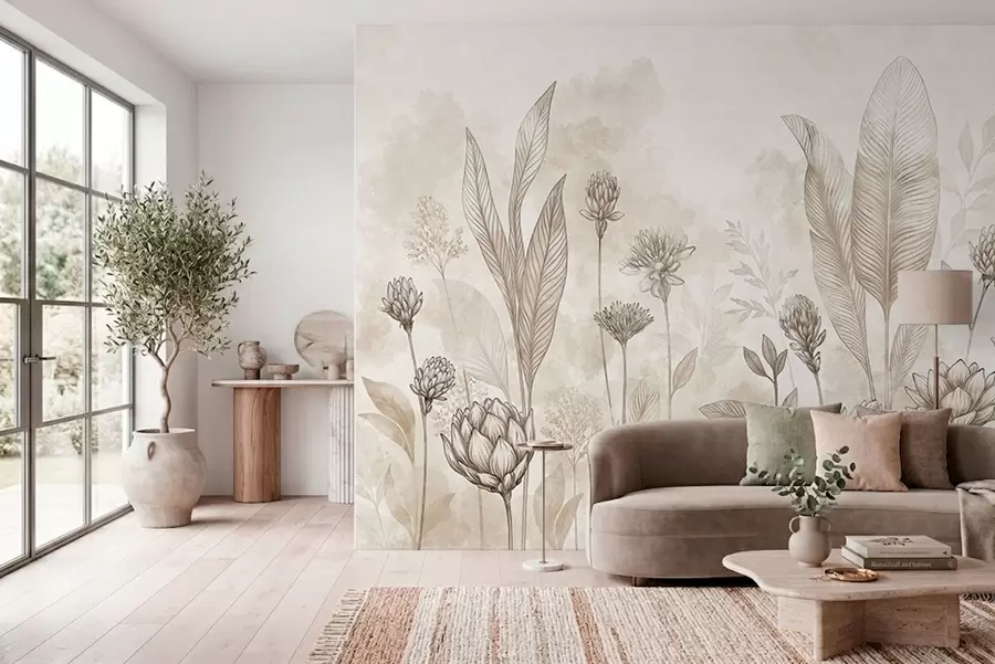 Fototapeta Kompozycja botaniczna z kwiatami i liśćmi w05802